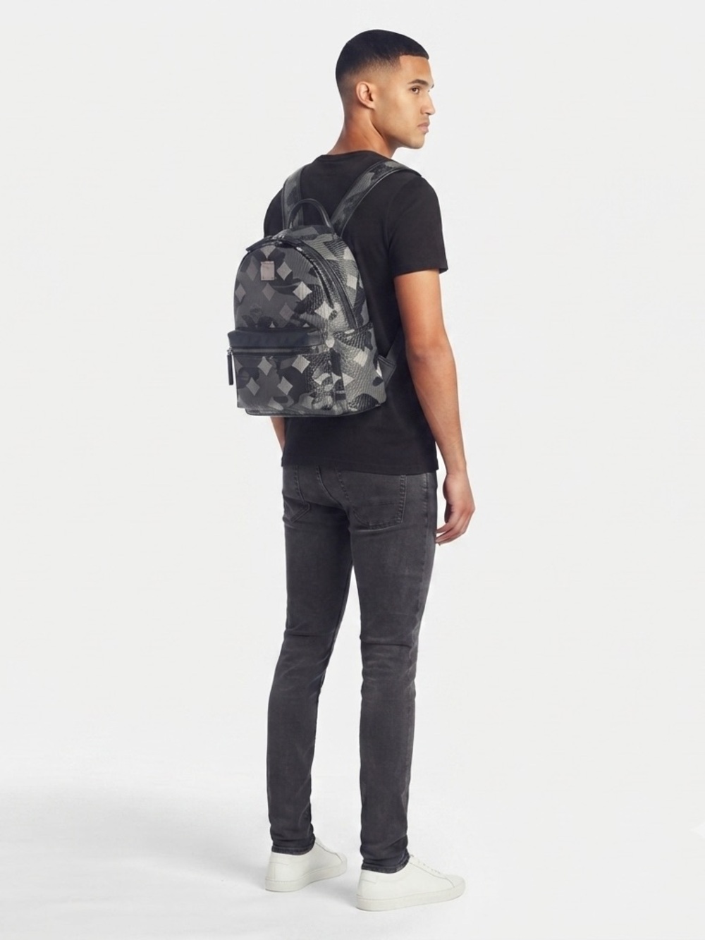 MCM Stark Munich Lion Camo Unisex Backpack Black Gray White Coated Canvas